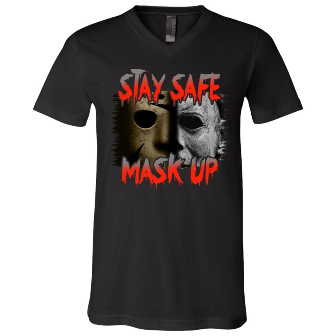 Stay Safe Mask Up Michael and Jason Mask Horror Characters T-Shirt - V Neck, Black, V-Neck T-Shirt