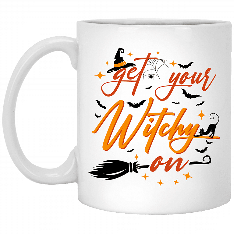 Get Your Witchy On Ceramic Coffee Mug - Travel Mug - Water Bottle - Color Changing Mug, White, 11 oz. White Mug