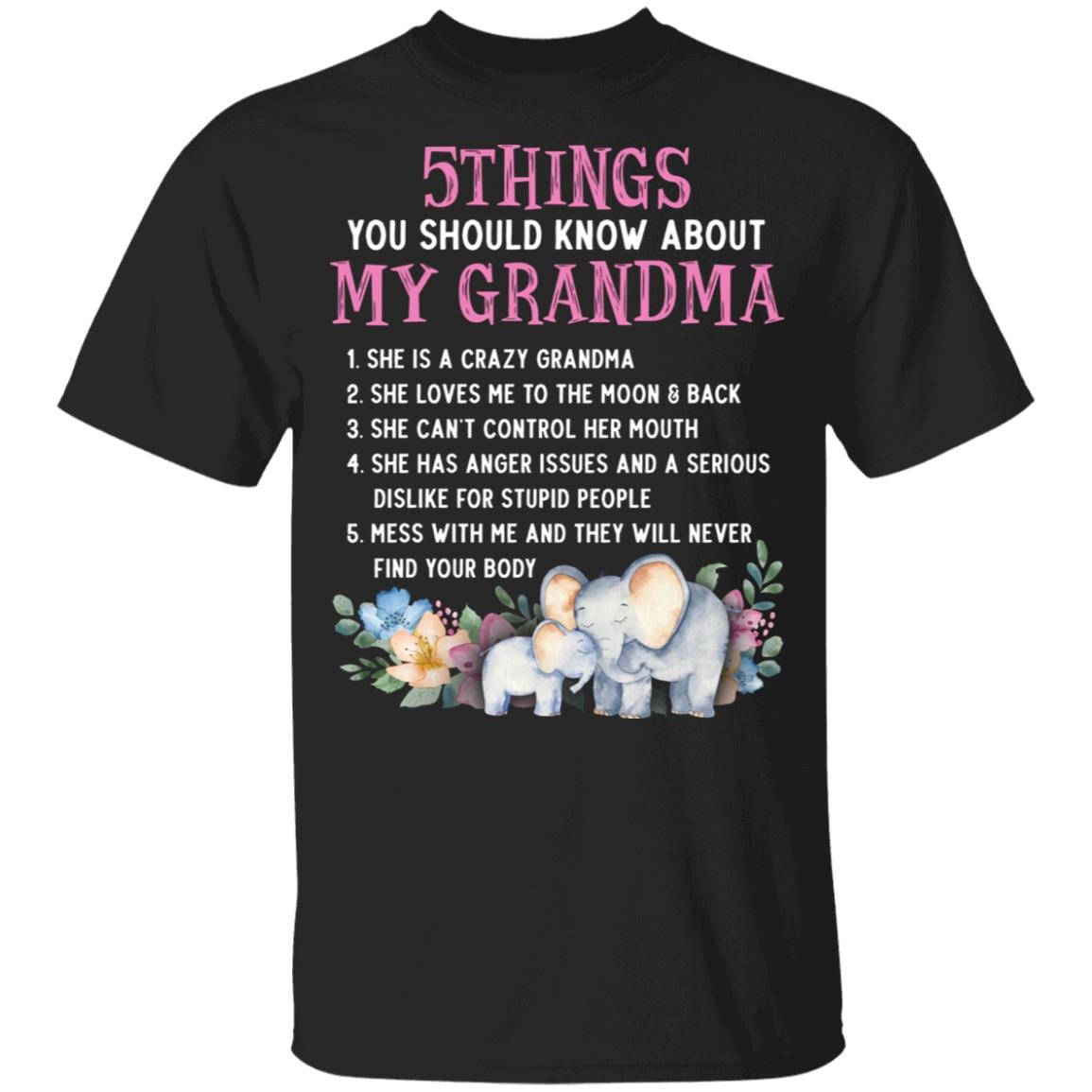 Elephant 5 Things You Should Know About My Grandma Youth Tee - Funny T-Shirt for Kids Youth Tee, Black, Youth T-Shirt