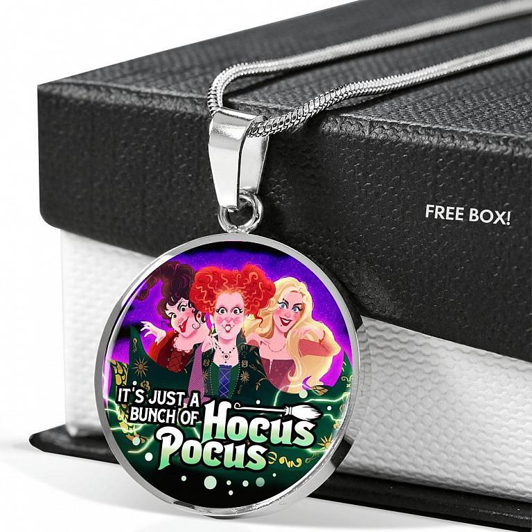 It's Just A Bunch of Hocus Pocus Three Witch Halloween Luxury Circle Pendant Necklace - Circle Luxury Necklace (Silver)
