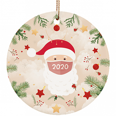 Santa Wearing A Face Mask Decorative Christmas Ornament Keepsake - Holiday Flat Circle Porcelain Ceramic Ornament, White, Ceramic Circle Ornament