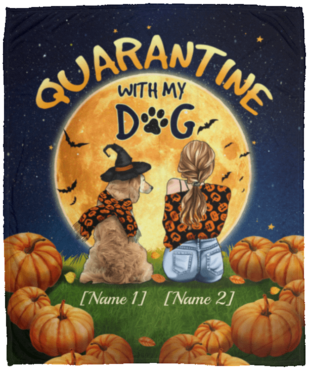 Personalized Quarantine With My Dog Golden Retriever Halloween Fleece Blanket - Premium Sherpa Blanket, White, Cozy Plush Fleece Blanket - 50x60
