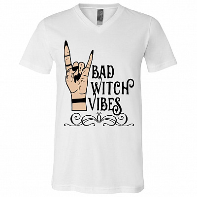 Bad Witches Vibes Funny Halloween T-Shirt - V Neck, White, V-Neck T-Shirt