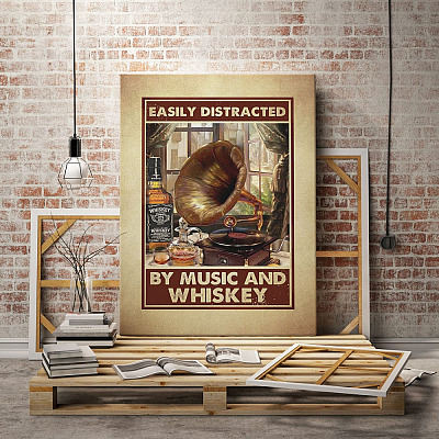 Alternative view of Vintage Easily Distracted By Music And Whiskey Framed Canvas Prints - Unframed Poster