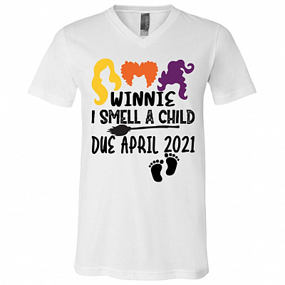 Winnie I Smell A Child Due April 2021 T-Shirt - Pregnant Halloween Shirt, White, V-Neck T-Shirt