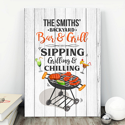 Alternative view of Personalized Family Name Bar and Grill Sipping Grilling and Chilling Framed Canvas - Unframed Poster