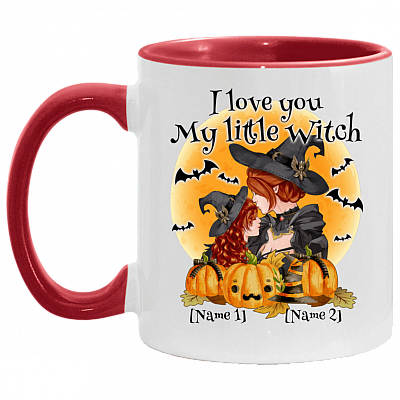 Personalized I Love You My Little Witch Accent Mug - Ceramic Coffee Mug - Halloween Gift for Daughter Niece, White/Red, 11 oz. Accent Mug