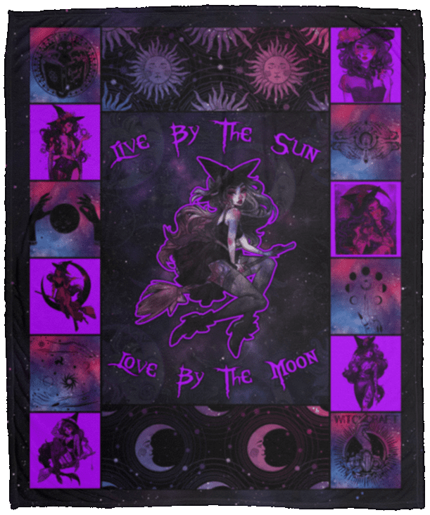 Witch Live by the Sun and Love by the Moon Halloween Fleece Blanket - Premium Sherpa Blanket - Woven Blanket, White, Cozy Plush Fleece Blanket - 50x60