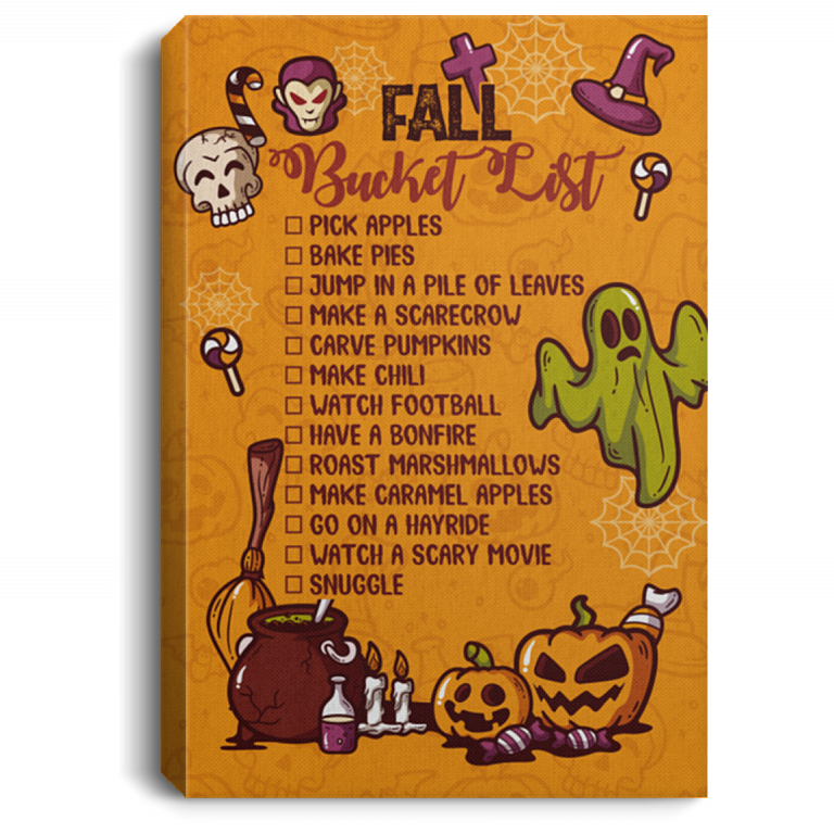 Fall Bucket List Autumn Pumpkin Home Decoration Gallery Wrapped Framed Canvas Prints - Unframed Poster, White, 0.75'' Framed Canvas