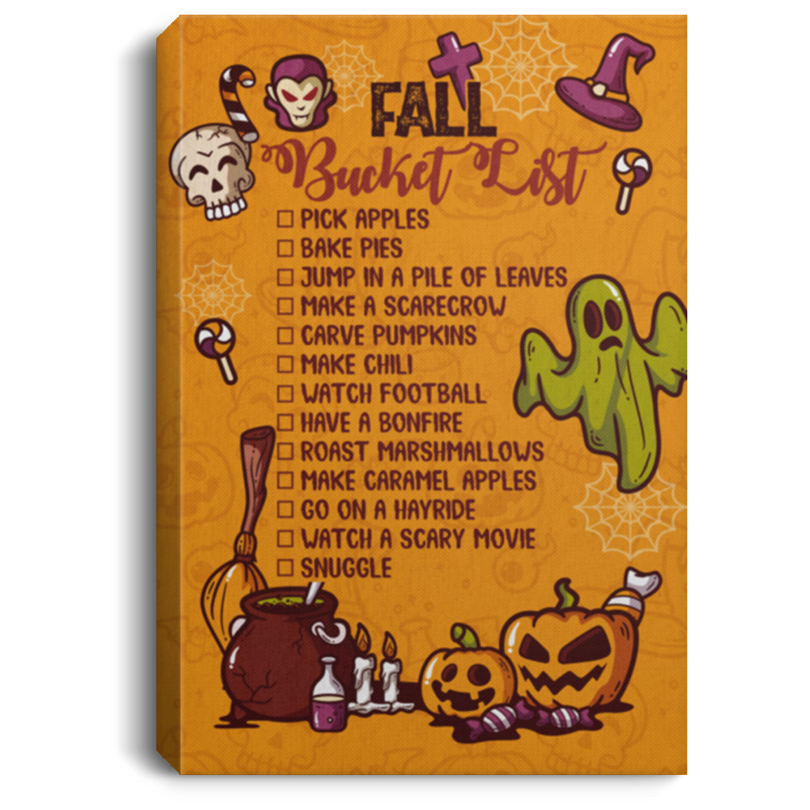 Fall Bucket List Autumn Pumpkin Home Decoration Gallery Wrapped Framed Canvas Prints - Unframed Poster, White, 0.75'' Framed Canvas