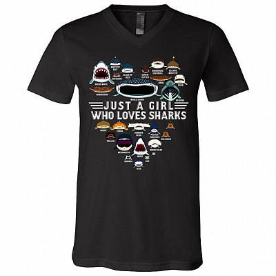 Just A Girl Who Loves Sharks T-shirt - V-neck - Love Shark Faces Women Shirt, Black, V-Neck T-Shirt