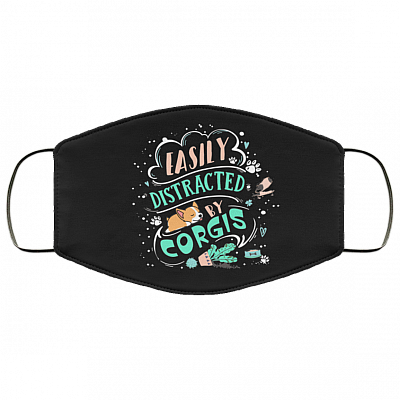 Easily Distracted By Corgis Washable Reusable Custom Printed Cloth Face Mask Cover, Black, Cloth Face Cover