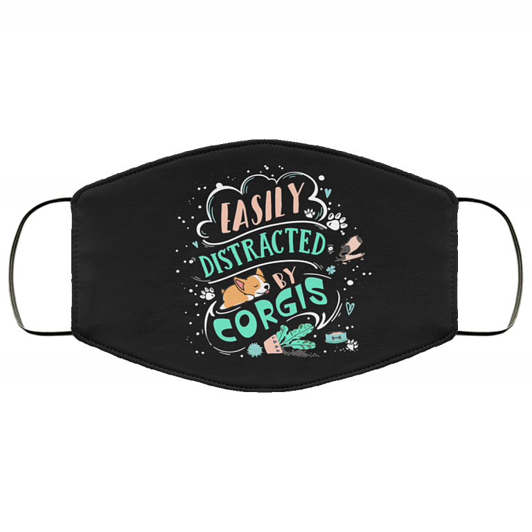 Easily Distracted By Corgis Washable Reusable Custom Printed Cloth Face Mask Cover, Black, Cloth Face Cover