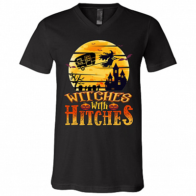 Witches With Hitches Halloween Camping T-Shirt - V-Neck Shirt - Funny Camper Gift Shirt, Black, V-Neck T-Shirt