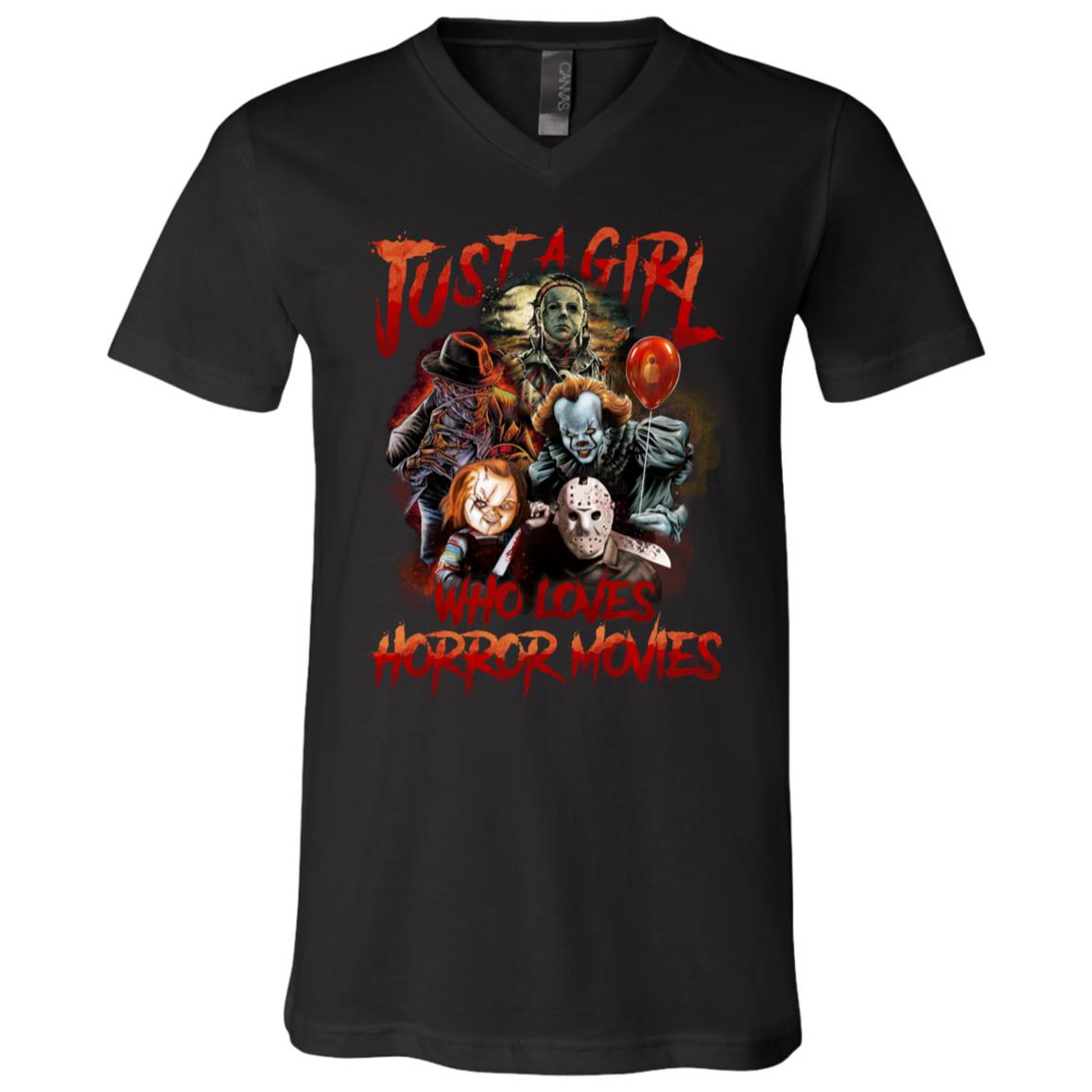 Just a Girls Who Love Horror Movies Halloween Horror Characters T-Shirt - V Neck, Black, V-Neck T-Shirt