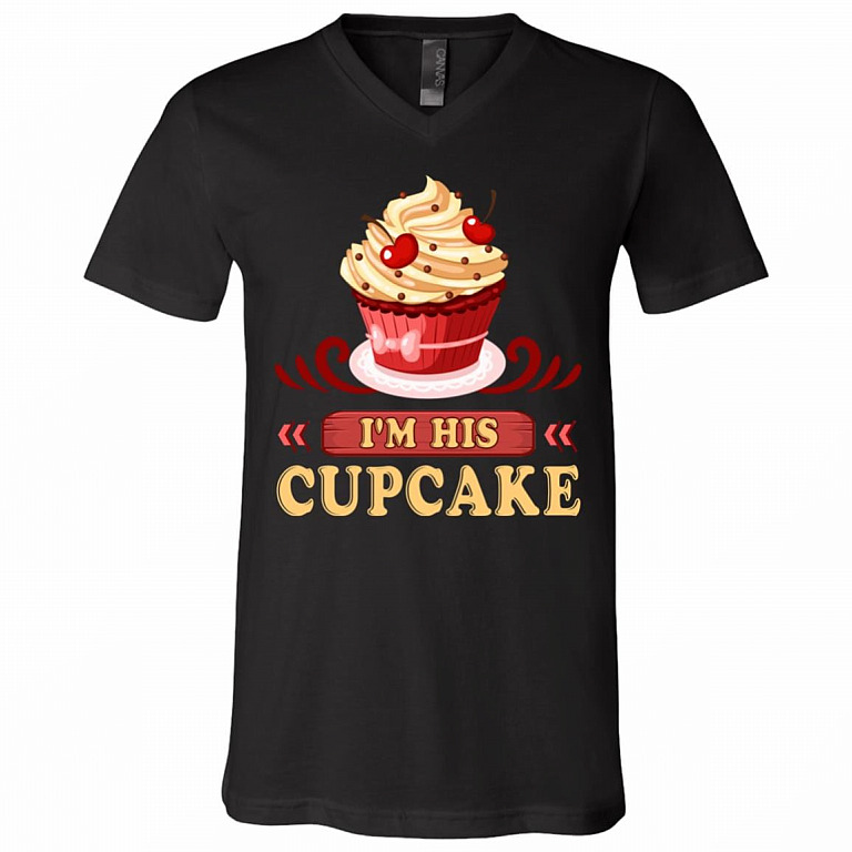 I'm His Cupcake T-Shirt - V-Neck Shirt - I'm Her Studmuffin Matching Shirt for Couple, Black, V-Neck T-Shirt