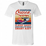 Pontoon Queen Classy Sassy and A Bit Smart Assy Funny Flamingo T-Shirt - V-Neck Shirt, White, V-Neck T-Shirt