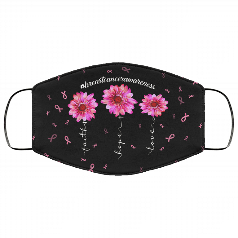 Pink Ribbon Faith Hope Love Breast Cancer Awareness Washable Reusable Custom - Printed Cloth Face Mask Cover, Black, Cloth Face Cover