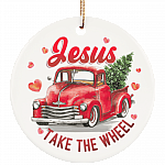 Jesus Take The Wheel Ornament Keepsake - Christmas Holiday Flat Circle Porcelain Ceramic Ornament, White, Ceramic Circle Ornament Jesus Take The Wheel Ornament Keepsake - Christmas Holiday Flat Circle Porcelain Ceramic Ornament, White, Ceramic Circle Ornament