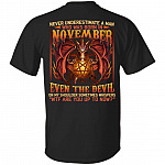 Never Underestimate A Man Who Was Born In November Even The Devil On My Shoulder Print On Back T-Shirt Only, Black, Unisex T-Shirt