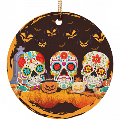 Halloween Pumpkin Sugar Skull Decorative Halloween Ornament - Holiday Flat Circle Porcelain Ceramic Ornament, White, Ceramic Circle Ornament
