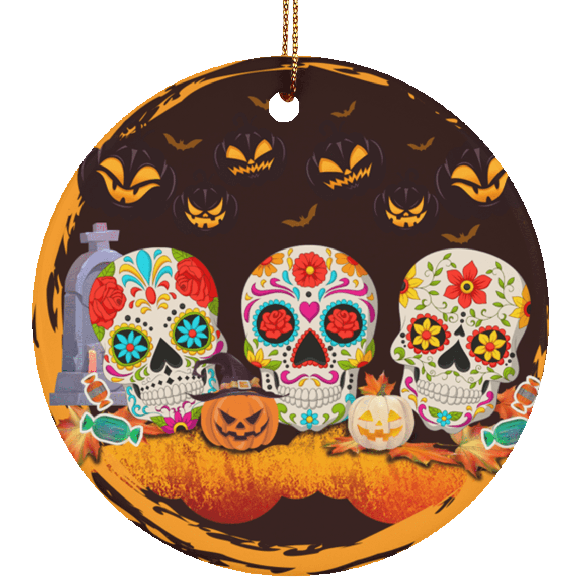 Halloween Pumpkin Sugar Skull Decorative Halloween Ornament - Holiday Flat Circle Porcelain Ceramic Ornament, White, Ceramic Circle Ornament Halloween Pumpkin Sugar Skull Decorative Halloween Ornament - Holiday Flat Circle Porcelain Ceramic Ornament, White, Ceramic Circle Ornament