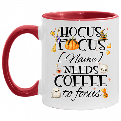 Personalized Pocus Needs Coffee To Focus Accent Mug - Halloween Coffee Mug Gift, White/Red, 11 oz. Accent Mug