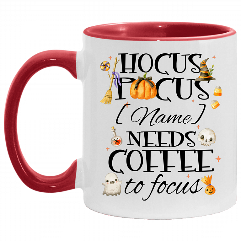 Personalized Pocus Needs Coffee To Focus Accent Mug - Halloween Coffee Mug Gift, White/Red, 11 oz. Accent Mug