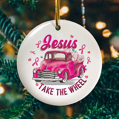 Alternative view of Jesus Take The Wheel Breast Cancer Awareness Keepsake - Holiday Flat Circle Porcelain Ceramic Ornament