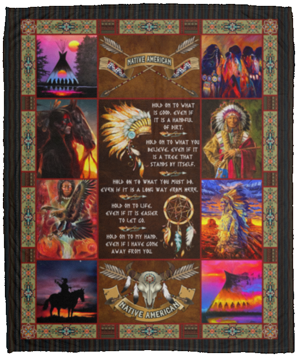 Hold On To What Is Good Native American Fleece Blanket - Premium Mink Sherpa Blanket - Woven Blanket, White, Cozy Plush Fleece Blanket - 50x60