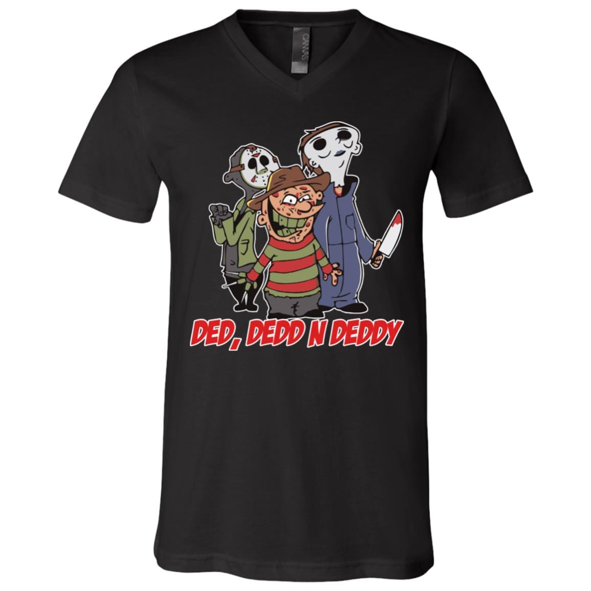 Ded Dedd n Deddy Halloween Jason, Michael And Freddy T-shirt - V-neck - Funny Horror Movies Characters Shirt, Black, V-Neck T-Shirt