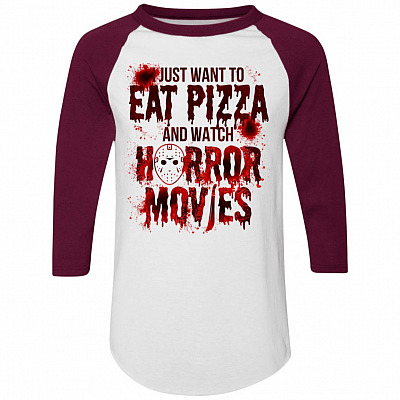 I Just Want To Eat Pizza And Watch Horror Movies 3/4 Raglan Jersey Shirt – Baseball Tee, White/Maroon, Raglan Jersey