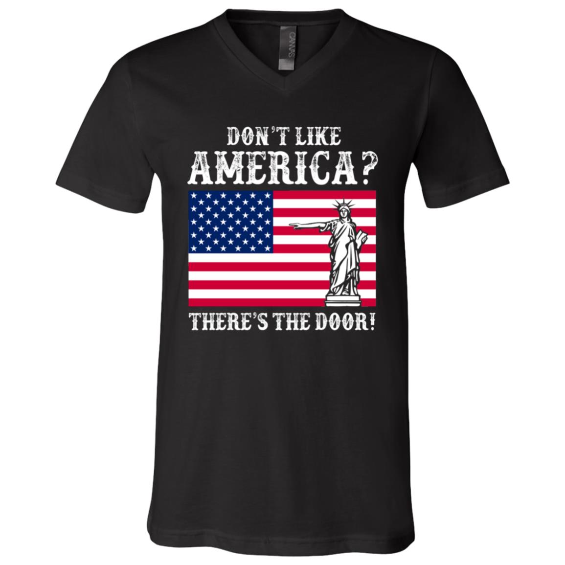 Don't Like America There's The Door T-Shirt - V-Neck Shirt - Patriotic Love American Flag Shirt, Black, V-Neck T-Shirt