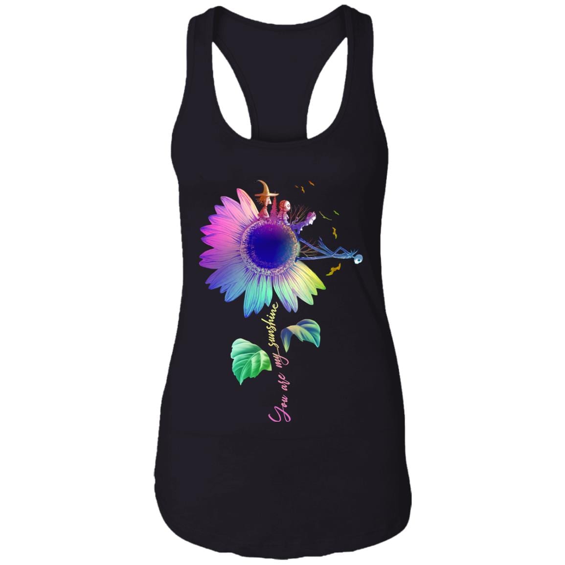 Flower You Are My Sunshine The Night Before Colorful Sunflower Christmas Floral Ladies Racerback Tank Top Tee, Black, Ladies Racerback Tank