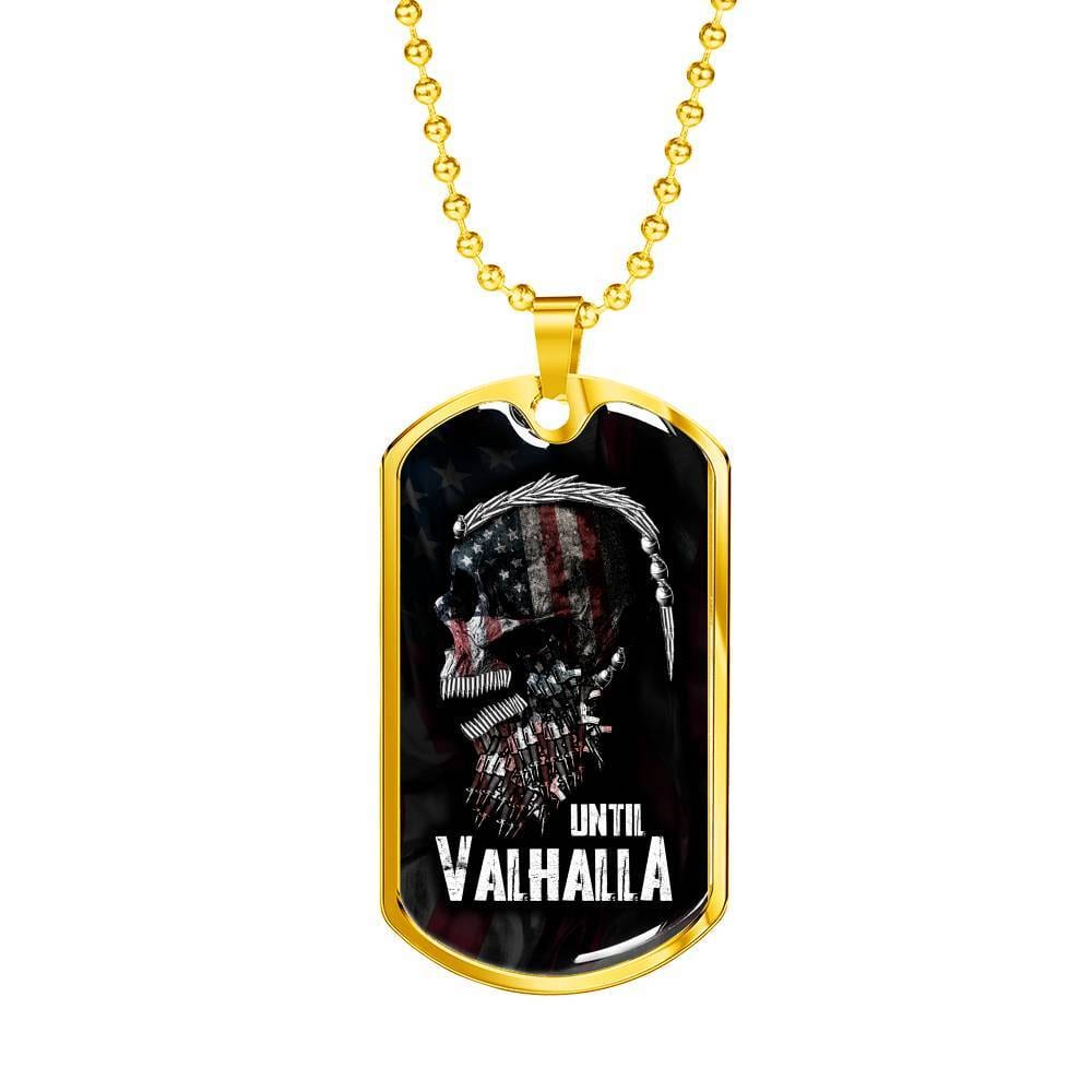 Until Valhalla Viking Dog Tag Pendant Necklace - Skull American Flag Pendant Necklace - Norse Viking Necklace - Dog Tag (Gold Plated)