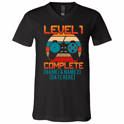 Personalized Vintage Retro Level 1 Complete Video Game T-Shirt - V-Neck Shirt - 1st Anniversary Gift, Black, V-Neck T-Shirt