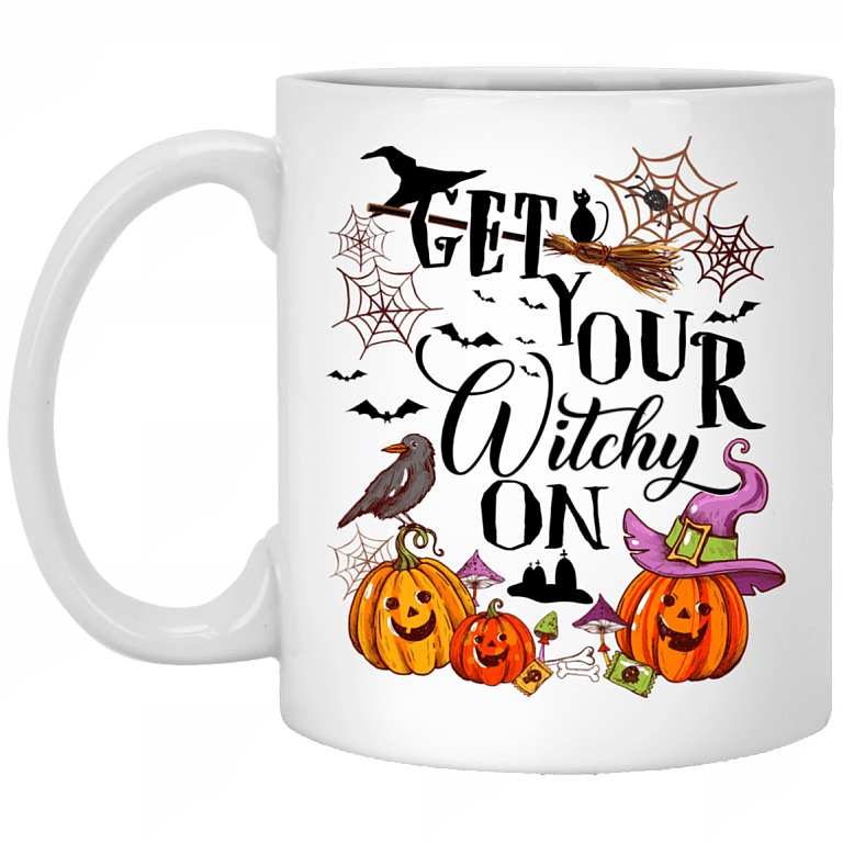 Get Your Witchy On Funny Halloween Ceramic Coffee Mug - Beer Stein - Water Bottle - Color Changing Mug, White, 11 oz. White Mug