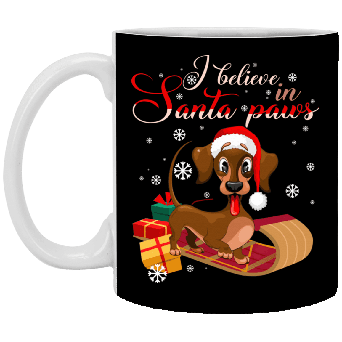 I Believe in Santa Daschund Paws Ceramic Coffee Mug - Beer Stein - Water Bottle - Color Changing Mug, Black, 11 oz. White Mug I Believe in Santa Daschund Paws Ceramic Coffee Mug - Beer Stein - Water Bottle - Color Changing Mug, Black, 11 oz. White Mug