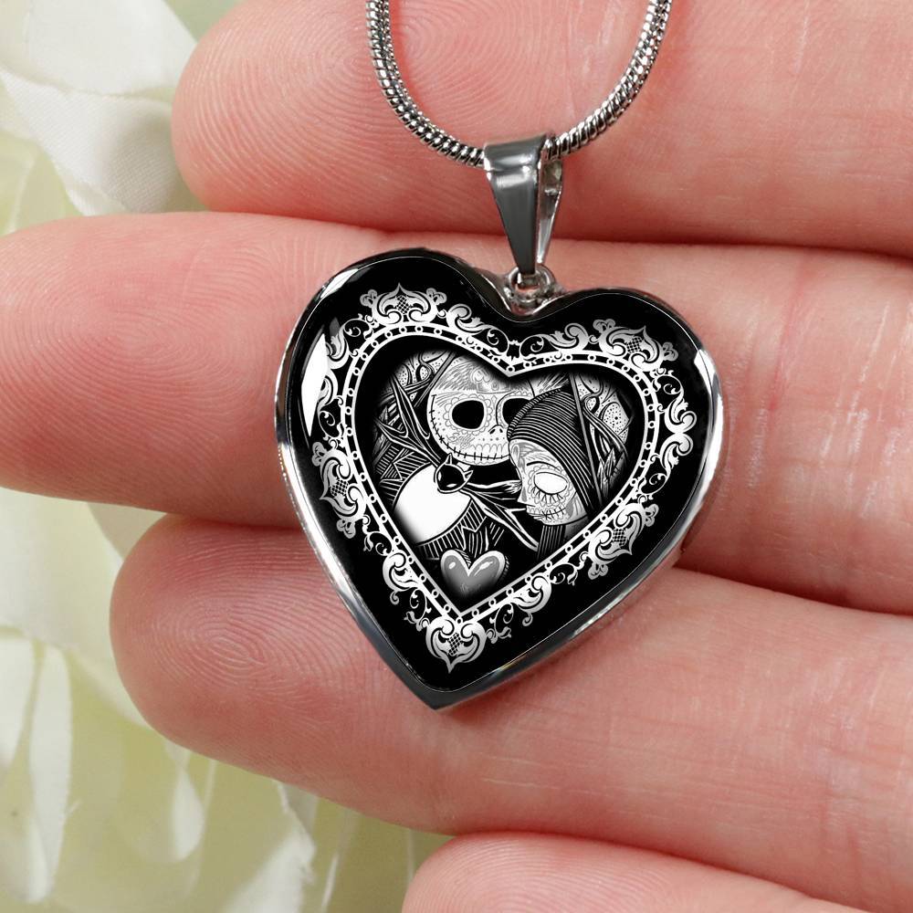 Jack And Sally Heart Pendant Necklace - Skellington Gifts For Couple - Heart Luxury Necklace (Silver) Jack And Sally Heart Pendant Necklace - Skellington Gifts For Couple - Heart Luxury Necklace (Silver)