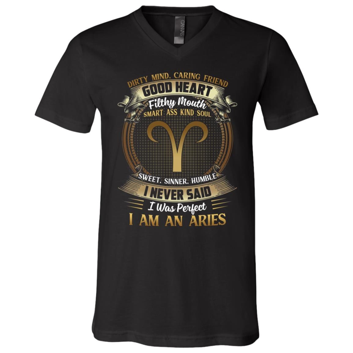 Aries Dirty Mind Caring Friend Good Heart Filthy Mouth I Never Said I'm Perfect Zodiac T-Shirt - V Neck, Black, V-Neck T-Shirt