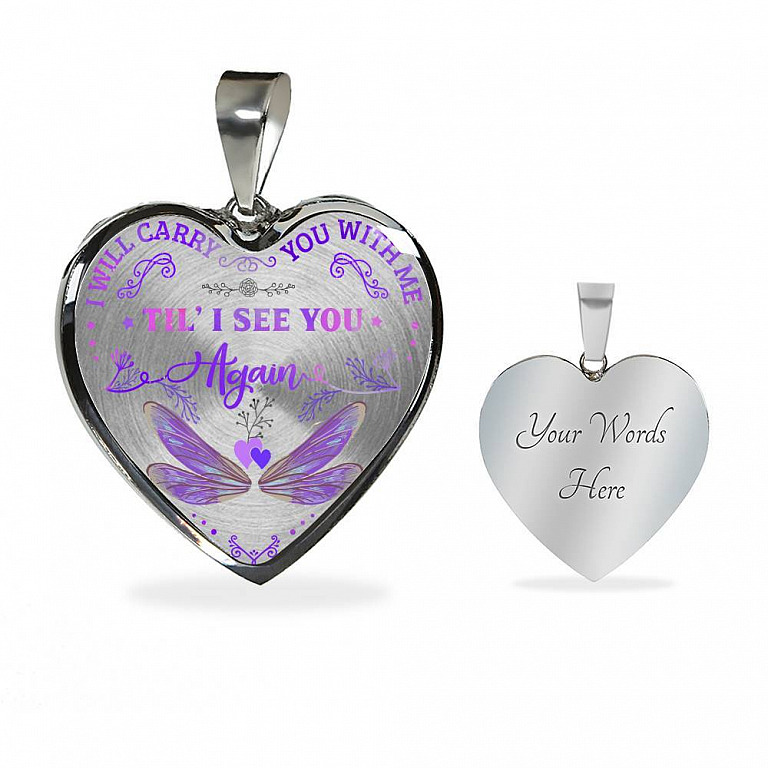 Dragonfly I Will Carry You with Me Til' I See You Again Heart Pendant Necklace - Heart Luxury Necklace (Silver)