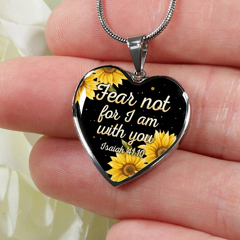 Sunflower Fear Not for I Am with You Isaiah 41 10 Heart Pendant Necklace - Heart Luxury Necklace (Silver)