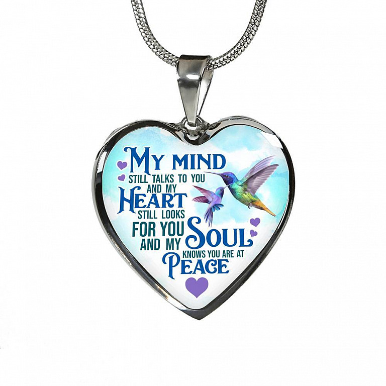 My Mind Still Talks To You But My Soul Know You Are At Peace Hummingbird Luxury Heart Pendant Necklace - Heart Luxury Necklace (Silver)