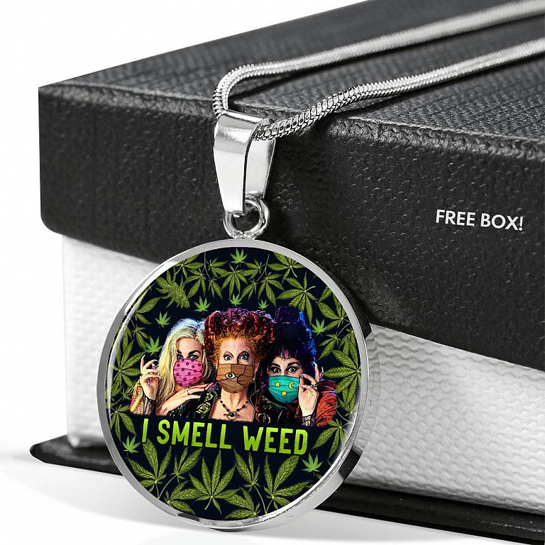 I Smell Weed Hocus Three Witches Pocus Funny Halloween Luxury Circle Pendant Necklace - Circle Luxury Necklace (Silver)
