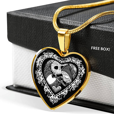 Jack And Sally Heart Pendant Necklace - Skellington Gifts For Couple - Heart Luxury Necklace (Gold Plated)