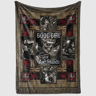 Alternative view of Good Girl With Bad Habits Skull Roses Fleece Blanket - Premium Sherpa Blanket - Woven Blanket