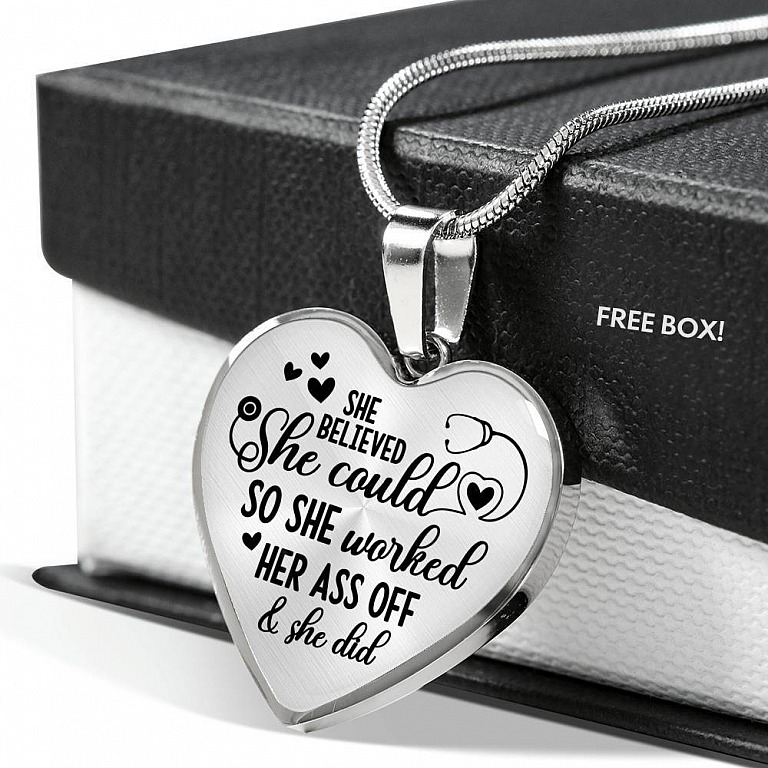 She Believed She Could So She Worked Her Ass Off and She Did Heart Pendant Necklace - Heart Luxury Necklace (Silver)