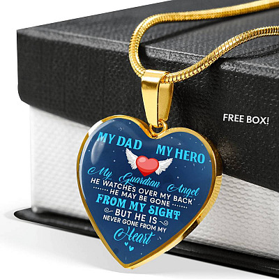 My Dad My Hero My Guardian Angel He Watches Over My Back Heart Pendant Necklace - Heart Luxury Necklace (Gold Plated)