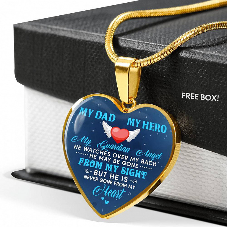 My Dad My Hero My Guardian Angel He Watches Over My Back Heart Pendant Necklace - Heart Luxury Necklace (Gold Plated)