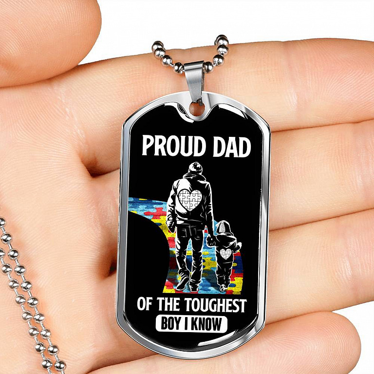 Proud Dad of the Toughest Boy I Know Autism Awareness Dog Tag Pendant Necklace - Dog Tag (Silver)